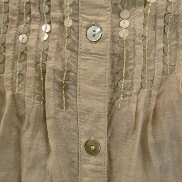Chicos Beige Button Up V Neck Sheer 3/4 Sleeve 100% Rayon Sequins Top Size 2 Lrg - Picture 4 of 8